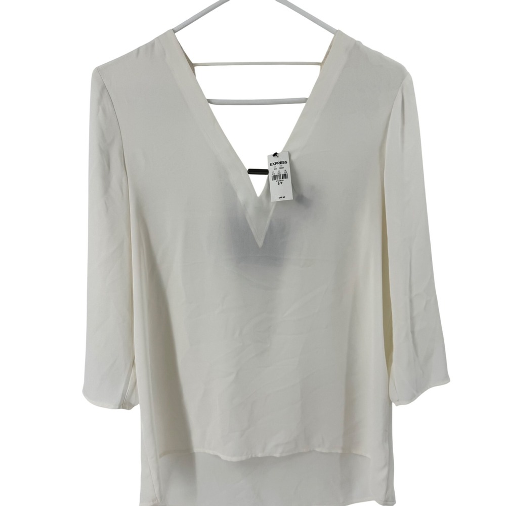 NWT EXPRESS White V Neck Open‎ Back 3/4 Sleeve Blouse Top Size S P